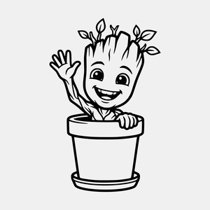 May include: A black and white line art illustration of a small, tree-like creature with large eyes and a wide smile, waving one hand while emerging from a simple flower pot. The character has small branches with leaves sprouting from its head.