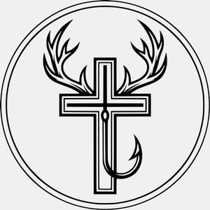 May include: A circular black and white graphic design featuring a central cross integrated with a fishing hook. The cross is flanked by two stylized deer antlers, all enclosed within a thin circular border on a plain white background.