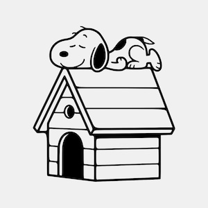 May include: A black and white line art illustration of a cartoon dog sleeping on top of a doghouse. The dog is lying flat on the roof with its eyes closed, while the doghouse features a classic gabled roof design with a circular opening above the door.