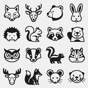 Op de afbeelding: Een verzameling van zestien zwart-witte vectoriconen met diverse bosdieren, waaronder een vos, hert, beer, konijn, egel, eekhoorn, wasbeer, bever, uil, das, stinkdier, chipmunk, eland, muis en een otter.
