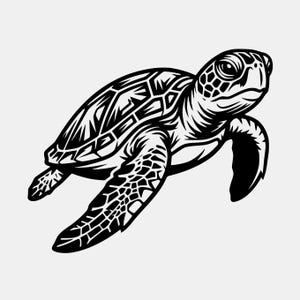 May include: A black and white graphic illustration of a sea turtle in a swimming position. The design features high-contrast lines detailing the shell patterns, the texture of the flippers, and the facial features of the turtle in a clean style.