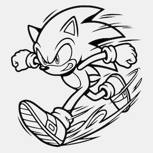 Könnte beinhalten: Eine schwarz-weiße Strichzeichnung des Charakters Sonic the Hedgehog in einer dynamischen Laufpose. Die Figur ist mit stacheligen Haaren, geballten Fäusten und großen Turnschuhen dargestellt, wobei Bewegungslinien dahinter Geschwindigkeit zeigen.