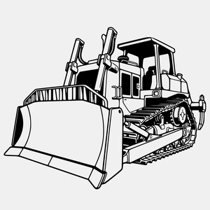 Può includere: Un'illustrazione a linee bianche e nere di un bulldozer pesante. Il veicolo da costruzione presenta una grande lama anteriore, una cabina con tetto e un sistema di sottocarro a cingoli. Il design è realizzato in monocromo.