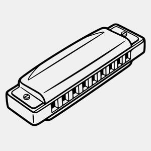 May include: A black and white line art illustration of a harmonica. The musical instrument is shown from an isometric perspective, featuring a rectangular body with a series of vertical air channels and two small screws on the end plates.
