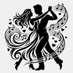 May include: A black silhouette graphic of two figures dancing together. The design features flowing lines, musical notes on staff lines swirling around the pair, and several small heart shapes scattered throughout the composition.