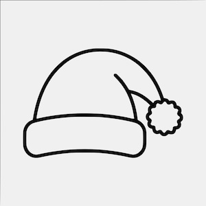 以下が含まれることがあります： サンタ帽子の白黒線画イラスト。帽子はベース部分に幅広で丸みを帯びた縁取りがあり、上部は右側に垂れ下がった曲線を描き、先端には小さな円形のポンポンが付いているデザインとなっている。