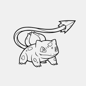 May include: A black and white line art illustration of a quadruped creature with a bulbous plant structure on its back and a long, thin tail ending in a pointed, arrow-like tip. The creature has large eyes, pointed ears, and spotted markings.