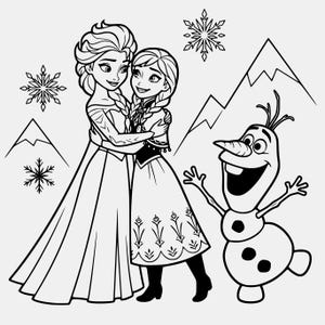 Può includere: Una pagina da colorare in bianco e nero con disegni al tratto che raffigura due figure femminili con i capelli intrecciati che si abbracciano, accompagnate da un pupazzo di neve sorridente. Lo sfondo include montagne e fiocchi di neve.