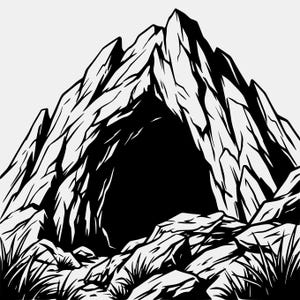 Puede incluir: Una ilustración gráfica en blanco y negro de un pico de montaña irregular que presenta una entrada de cueva grande, oscura y hueca en la base. El terreno rocoso se representa con líneas angulares nítidas y sombreado de alto contraste.