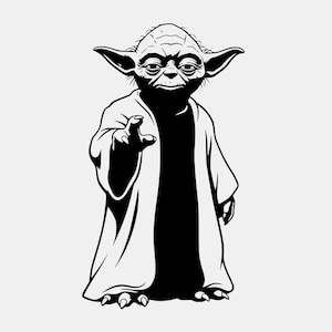 May include: A black and white graphic illustration of a small, elderly creature with large pointed ears, wrinkled skin, and three-fingered hands. The figure is wearing a long, loose-fitting robe and is depicted with one hand extended forward.