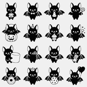 Puede incluir: Una colección de dieciséis iconos de estilo vectorial en blanco y negro que muestran pequeños murciélagos en varias poses. Los murciélagos aparecen con diferentes accesorios, incluyendo una calabaza, un dulce, un cupcake, una piruleta, un gorro de fiesta, una varita, una nube de azúcar, un monóculo, una bufanda, una tableta de chocolate, un dónut, una corona, una galleta y un globo en forma de corazón.