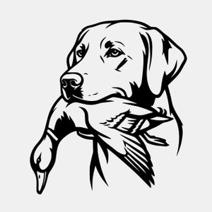 May include: A high-contrast black and white graphic illustration of a Labrador retriever dog facing left. The dog is shown from the chest up, holding a mallard duck in its mouth. The design features bold, clean lines and solid black shapes.