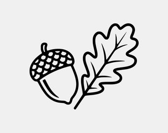 Op de afbeelding: Een zwart-wit lijntekening van een eikel met een textuur op de dop, geplaatst naast een gedetailleerd eikenblad. Het ontwerp maakt gebruik van dikke, strakke lijnen om de organische vormen van de noot en het gelobde blad duidelijk weer te geven.