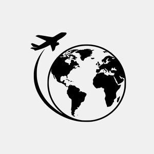 May include: A black graphic illustration featuring a stylised globe showing the continents of North and South America, Europe, and Africa, with a black aeroplane silhouette flying in an arc around the left side of the circular world map.