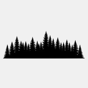 May include: A black silhouette graphic of a dense forest line featuring various coniferous trees of differing heights and widths. The design displays a continuous row of pine trees with pointed tops and textured branches against a plain background.