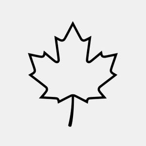May include: A simple black and white line drawing of a maple leaf. The graphic features a bold black outline forming the distinct five-pointed shape of the leaf with a single stem extending from the bottom centre against a plain white background.