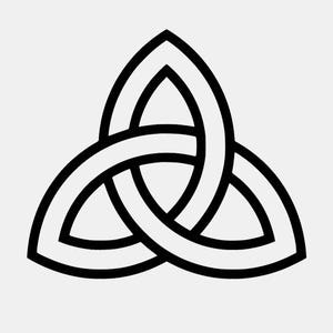 May include: A black and white graphic illustration of a triquetra symbol. The design features three interconnected, pointed oval shapes that form a continuous, interlaced knot pattern with thick black outlines against a plain white background.
