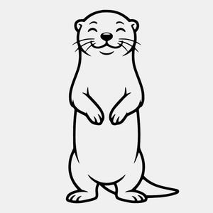 May include: A black and white line art illustration of a standing otter. The otter is depicted in a cartoon style with a smiling expression, closed eyes, and visible whiskers. The design features bold outlines and a clean, simple aesthetic.