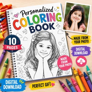 May include: A spiral-bound personalized coloring book featuring a line art illustration of a young girl with a bow in her hair. The cover includes the text Personalized Coloring Book, 10 Pages, Made From Your Photo, and Digital Download.