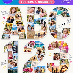 May include: A digital photo collage template featuring the letters A, B, C and numbers 1, 2, 3, each composed of multiple smaller photographs. The design includes text elements like "PHOTO COLLAGE," "LETTERS & NUMBERS," "Family Moments," "Travel More," "Special Occasions," "Little Big Moments," "Collect Beautiful Moments," "Happy Times," "For Every Story," and "EDIT IN CANVA - DRAG & DROP - ENDLESS POSSIBILITIES."