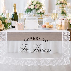 Custom Wedding Lace Table Runner, Personalized Sweetheart Table Banner for Bride Groom Reception Decor, Elegant Sheer Head Table Decoration