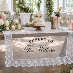 Personalized Lace Sheer Wedding Table Runner,  Sweetheart Table Sign for Bride and Groom, Romantic Reception Decor, Custom Head Table Banner
