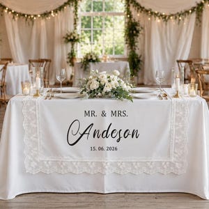 Custom Wedding Table Runner, Personalized Bride and Groom Table Sign, Linen Look Wedding Reception Decor for Sweetheart Table Ceremony Gift