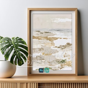Oak Wood Frame Mockup PSD, Scandi Minimal Art Print Mockup, Monstera Plant Sideboard, 2:3 Ratio, Smart Object Layer, Easy Tutorial Included