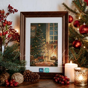 May include: A dark brown wooden picture frame containing a festive illustration of a decorated Christmas tree, a fireplace with stockings, and gifts. The frame is surrounded by pine branches, red berries, pinecones, and a white pillar candle.