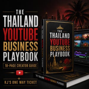 May include: A black book titled The Thailand YouTube Business Playbook with gold and red text. The cover features a golden illustration of a temple, a boat, and a sunset. The text 18-Page Creator Guide and KJ's One Way Ticket are visible.