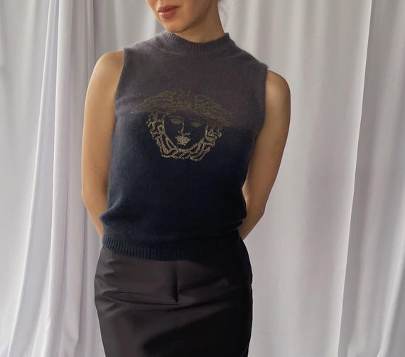 Versace Jeans Couture, size XS/S VERSACE Jeans Couture y2k vintage fuzzy Angora sweater top with iconic golden medusa head print