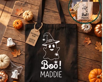Personalized Halloween Tote Bag, Custom Ghost Trick or Treat Bag, Cute Halloween Ghost Witch Canvas Bag, Gothic Halloween Party Gift