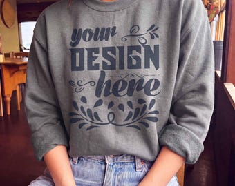 Gildan 18000 Graphite Heather Sweatshirt Mockup | Female Model | Cozy Cafe Crewneck Mock for POD