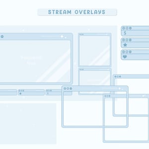 May include: A set of light blue digital stream overlays featuring window-style frames with rounded corners, sparkle accents, and the text "STREAM OVERLAYS" at the top. The collection includes various rectangular boxes for video and notification displays.
