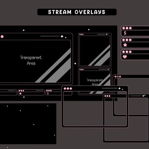 May include: A set of digital stream overlays featuring black rectangular frames with thin pink borders and rounded corners. The design includes various window sizes, some labeled Transparent Area, and small icons like stars, hearts, and dollar signs.