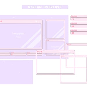 Può includere: Un set di overlay per streaming digitale in viola pastello e rosa, caratterizzato da cornici di finestre con angoli arrotondati. Il design include un'intestazione STREAM OVERLAYS, vari riquadri rettangolari e barre di notifica con icone di dollaro, stella e cuore.