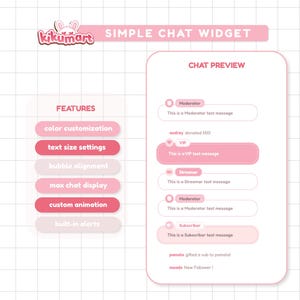 May include: A digital chat widget interface in shades of pink and white. The graphic displays a list of features including colour customisation, text size settings, bubble alignment, max chat display, custom animation, and built-in alerts. A chat preview box shows various user roles like Moderator, VIP, Streamer, and Subscriber with sample messages.