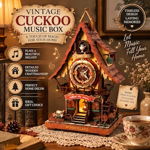 Può includere: Un carillon a cucù in legno con quadrante, una piccola figura di uccellino, una ruota idraulica e la scritta "Follow the music" e "WONDERLAND" sulla base. La struttura presenta dettagli architettonici complessi e un'illuminazione calda.