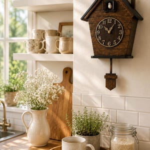 May include: A dark brown wooden cuckoo clock shaped like a house with a black roof, a circular clock face featuring black numerals, and a small white bird figure in an upper opening. A wooden pendulum hangs from the base of the clock structure.