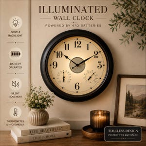 Puede incluir: Un reloj de pared redondo con marco negro y esfera color crema con números arábigos negros. El reloj incluye retroiluminación central, termómetro e higrómetro. El texto en la imagen dice: ILLUMINATED WALL CLOCK, POWERED BY 4 D BATTERIES.