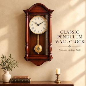 May include: A dark wood wall clock with a glass front, a round cream-coloured face featuring black Roman numerals, and a gold-toned pendulum with a decorative star-like emblem. The text CLASSIC PENDULUM WALL CLOCK and Timeless Vintage Style is visible.