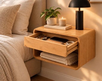 Bamboo Floating Nightstand with Drawer, Wall Mounted Bedside Table, Floating Shelf, Minimalist Bedside Storage, Natural Wood Side Table