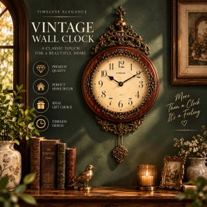 Peut inclure: Une horloge murale ronde avec un cadre en bois foncé et des détails en métal doré ornementés en haut et en bas. Le cadran est de couleur crème avec des chiffres arabes noirs et le mot LONDON imprimé au centre. Elle possède des aiguilles noires.