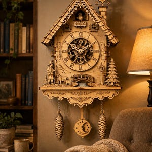 May include: A light-colored wooden cuckoo clock featuring a central circular dial with Roman numerals, a rooster weather vane, a small bird, a shepherd with sheep, a bridge, and a pine tree. Two pinecone-shaped weights and a moon pendulum hang below.