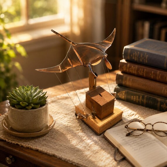 A handcrafted walnut wood manta ray that glides and undulates via hidden mechanical linkage — ocean biomechanics turned into desk-top sculpture.