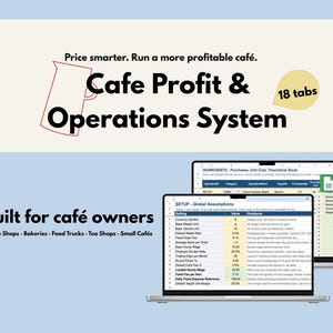 May include: A digital Cafe Profit & Operations System spreadsheet template for Google Sheets, featuring 18 tabs. The display shows a setup screen with global assumptions, including base hourly wage, waste rates, and card fees for cafe owners.