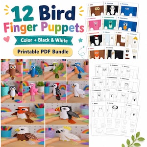May include: A printable PDF bundle of 12 bird finger puppets featuring an owl, penguin, peacock, flamingo, hummingbird, kingfisher, woodpecker, swan, eagle, cockatoo, robin, and puffin, available in both full colour and black and white line art.