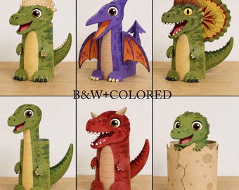 Dinosaur Toilet Paper Roll Craft Printable for Kids,  DIY cut paste Paper Craft Template, Preschool Dino birthday Party Classroom Activity