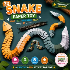 3D Paper Snake Craft for Kids snake diy craft printables Print Cut Fold DIY Activity Classroom Homeschool Art