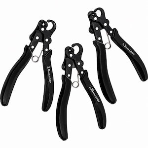 May include: Three black metal looping pliers with spring-loaded handles. Each tool features a distinct circular jaw size labeled on the handle: 1.5mm LOOP, 2.25mm LOOP, and 3.0mm LOOP. These specialized pliers are designed for creating consistent wire loops.